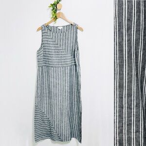 J Jill Love Linen Gray Striped Minimalist Lagenlook 100% Linen Midi Dress